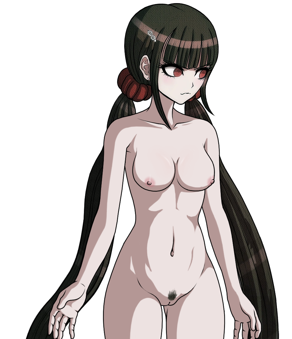 bare_arms bare_hips bare_legs bare_shoulders blush breasts brown_hair cheeeeeeeeeeeeen collarbone completely_nude cowboy_shot danganronpa_(series) danganronpa_v3:_killing_harmony eyebrows eyelashes harukawa_maki long_hair looking_to_the_side mole mole_under_eye navel nipples nude pubic_hair pussy red_eyes red_scrunchie scrunchie simple_background small_breasts solo third-party_edit transparent_background twintails