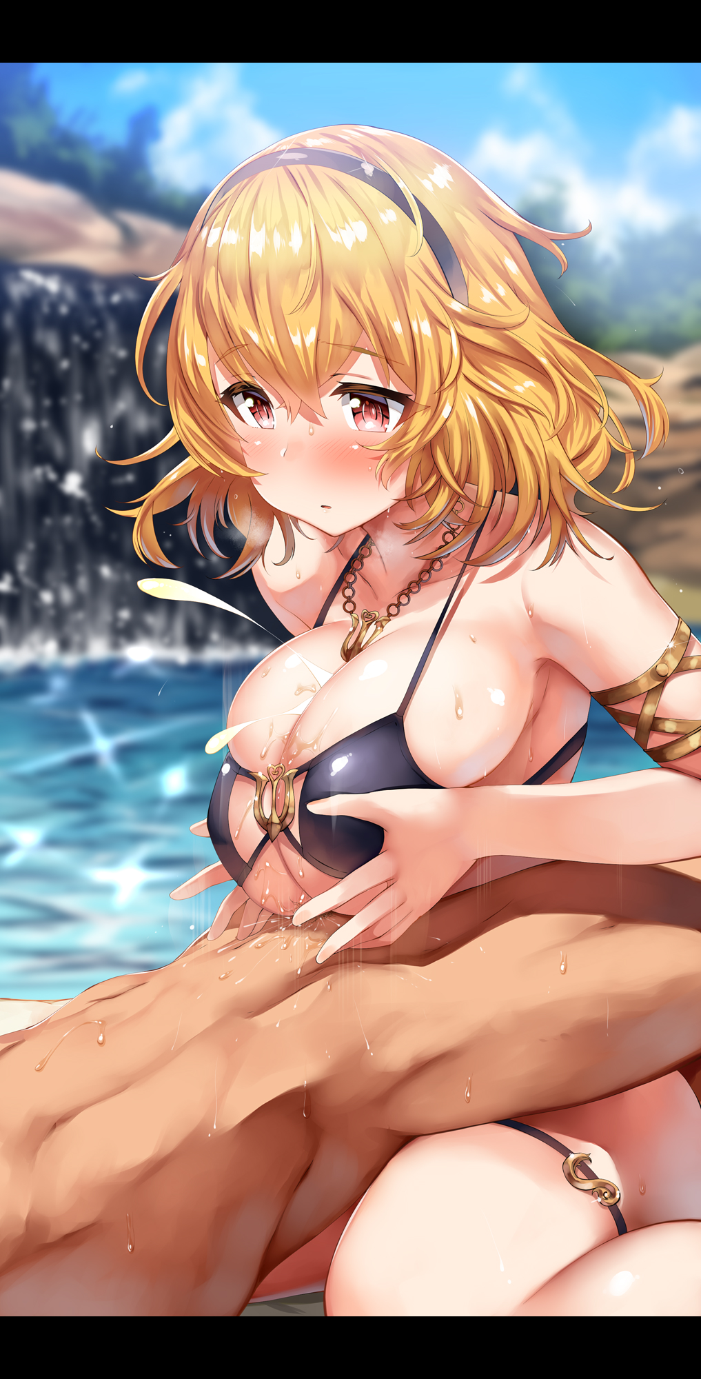 1boy 1girl armlet bad_anatomy bad_id bad_pixiv_id bare_shoulders belko bikini black_bikini blonde_hair blush breasts breasts_squeezed_together brown_eyes cleavage clothed_female_nude_male collarbone cum cum_on_body cum_on_breasts cum_on_upper_body day ejaculation eros_(phantom_of_the_kill) hair_between_eyes hairband hetero highres jewelry kneeling large_breasts letterboxed necklace nude outdoors paizuri paizuri_under_clothes phantom_of_the_kill short_hair solo_focus sweat swimsuit thighs