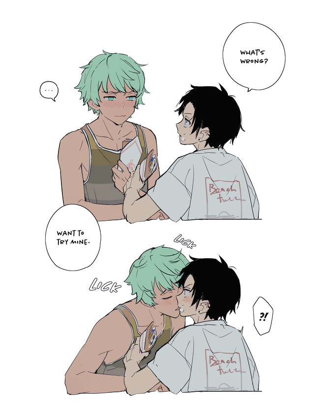 !? ... 2boys black_hair blue_eyes blush closed_eyes cove_holden crepe earrings eating english_text food food_on_face green_eyes green_hair holding holding_crepe holding_food jewelry kiss leaning_forward main_character_(our_life) messy_hair multiple_boys nervous our_life:_beginnings_and_always print_shirt ryuuieu shirt short_hair sound_effects speech_bubble stud_earrings t-shirt tank_top upper_body white_background white_shirt yaoi