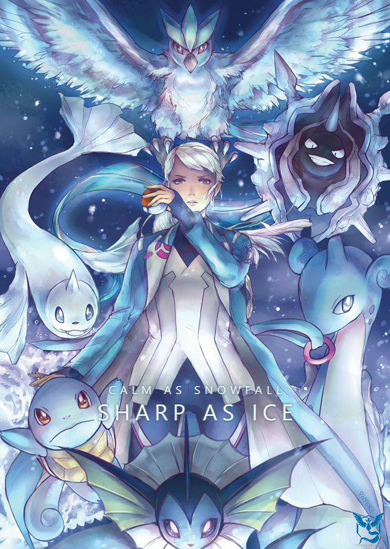 10s androgynous articuno blanche_(pokemon) blue_eyes blue_theme cloyster dark_skin dewgong english_text gen_1_pokemon gender_request holding holding_poke_ball jacket lapras legendary_pokemon nintendo open_clothes open_jacket payoki poke_ball pokemon pokemon_(creature) pokemon_go ponytail squirtle vaporeon white_hair