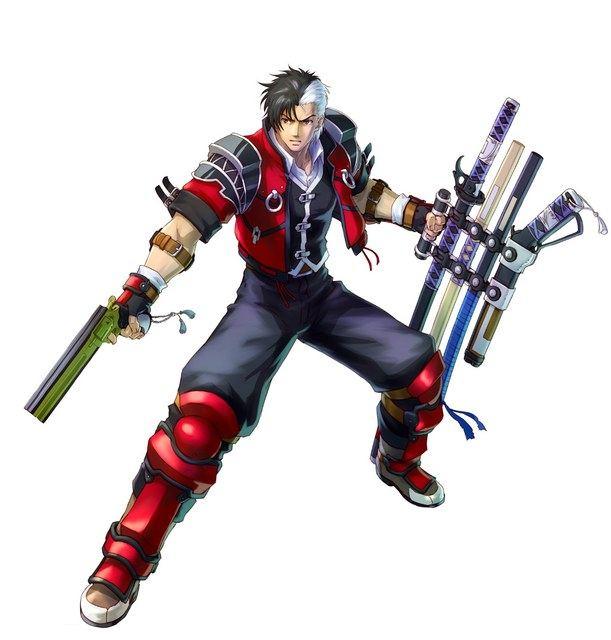 1boy arisu_reiji belt capcom fingerless_gloves full_body gloves gun katana male_focus multicolored_hair namco namco_x_capcom official_art project_x_zone red_eyes simple_background solo sword two-tone_hair weapon white_background