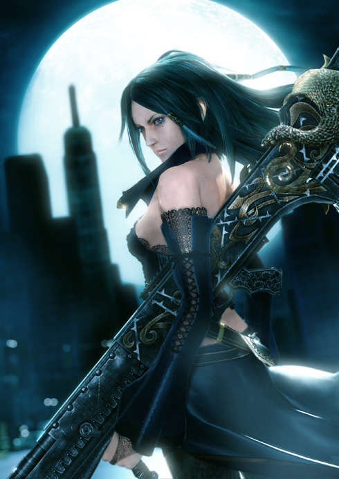 alicia_(bullet_witch) alicia_(bullet_witch) aq_interactive bridal_gauntlets building bullet_witch cavia city detached_sleeves green_eyes green_hair gun hair_ornament long_hair looking_back mole moon night official_art pantyhose skyscraper weapon witch
