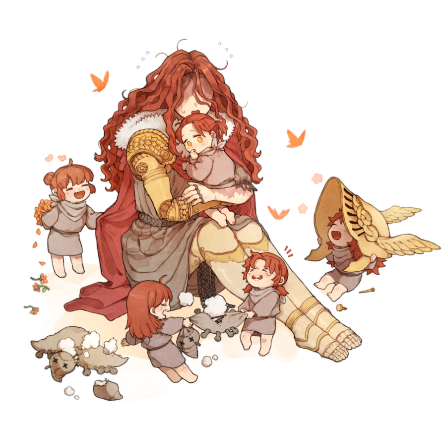 &gt;_&lt; 6+girls aged_down ahoge amy,_third_sister_(elden_ring) bouquet bug butterfly cape carrying carrying_person closed_eyes commentary_request donar0217 dress elden_ring flower flying_sweatdrops fur-trimmed_cape fur_trim grey_dress heart helmet insect korean_commentary long_hair malenia_blade_of_miquella mary,_eldest_sister_(elden_ring) maureen,_second_sister_(elden_ring) millicent_(elden_ring) mother_and_daughter multiple_girls no_headwear orange_butterfly orange_flower polyanna,_youngest_sister_(elden_ring) ponytail prosthesis prosthetic_arm prosthetic_leg red_cape red_hair short_hair short_ponytail siblings simple_background sisters sitting stuffed_toy sweatdrop tearing_up wavy_hair white_background winged_helmet yellow_eyes
