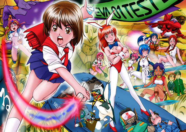 00s 1990s_(style) 2boys 6+girls :d aircraft airplane android arima_souichirou ayanami_rei battle bird blue_hair blue_skirt breasts brown_hair canti char_aznable char_aznable_(cosplay) choujikuu_yousai_macross cleavage company_connection cosplay crossed_arms daicon daicon_bunny_girl daicon_iii daicon_iv earrings energy_sword eva_01 exelion fighter_jet flcl fushigi_no_umi_no_nadia gainax gainaxtop gunbuster gundam holding holding_sword holding_weapon hoop_earrings interface_headset_(evangelion) jewelry kareshi_kanojo_no_jijou large_breasts leotard long_hair looking_at_viewer macross mask mecha mecha_pilot_suit military military_vehicle misty_may miyazawa_yukino mobile_suit_gundam multiple_boys multiple_girls nadia_la_arwall nandaba_naota neon_genesis_evangelion ooshima_(digital_wonderland) open_mouth otaku_no_video pantyhose penguin penpen playboy_bunny pleated_skirt plugsuit_(evangelion) red_hair red_leotard retro_artstyle robot round_teeth ruler school_uniform science_fiction short_hair skirt slashing smile spacecraft starfighter surfing sword teeth top_wo_nerae! top_wo_nerae!_(series) vrlitwhai_kridanik weapon zentradi