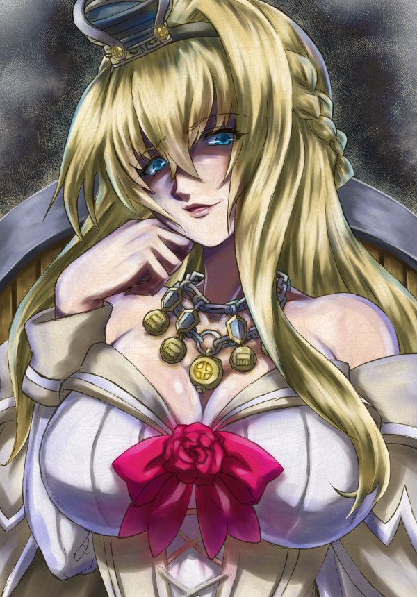 10s 1girl bare_shoulders blonde_hair blue_eyes braid breasts cleavage crown dress female_focus flower gekoge_satoru hairband half_up_braid jewelry kantai_collection large_breasts long_hair long_sleeves looking_at_viewer mini_crown necklace off-shoulder_dress off_shoulder parted_lips red_flower red_ribbon red_rose ribbon rose shaded_face smile solo upper_body warspite_(kancolle) white_dress