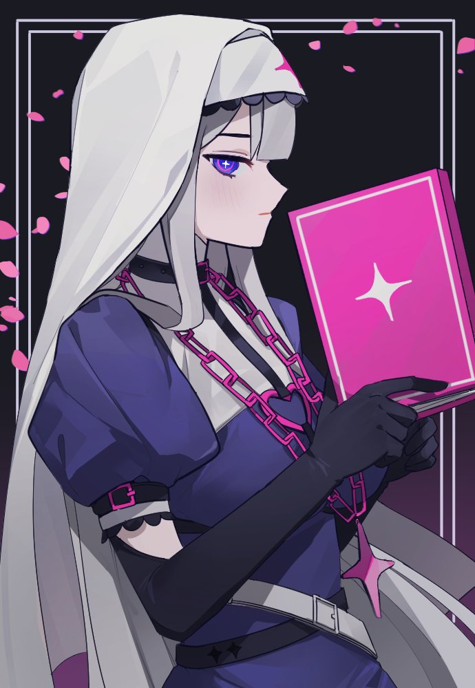 1girl black_background black_gloves blush book breasts chain chain_necklace cjsdh1000 closed_mouth dress elbow_gloves from_side gloves grey_hair habit holding holding_book jewelry long_hair looking_at_viewer marija_(muse_dash) marija_(sister)_(muse_dash) medium_breasts muse_dash necklace petals profile puffy_sleeves purple_dress purple_eyes short_sleeves simple_background solo upper_body very_long_hair white_headwear