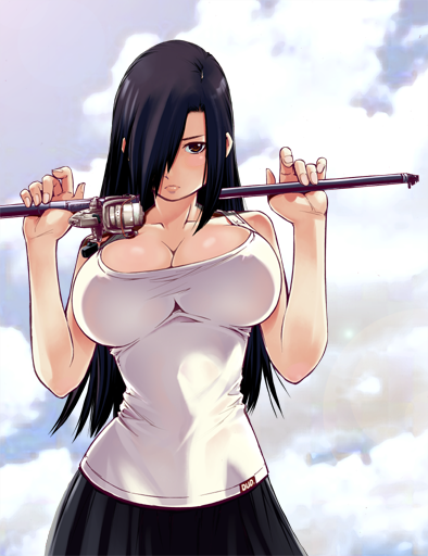1girl black_hair breasts cleavage female_focus fishing_rod hair_over_one_eye holding holding_fishing_rod large_breasts long_hair looking_at_viewer sato_masaki_(masayakofu) shinkai_nagisa solo tsuri_chichi_nagisa