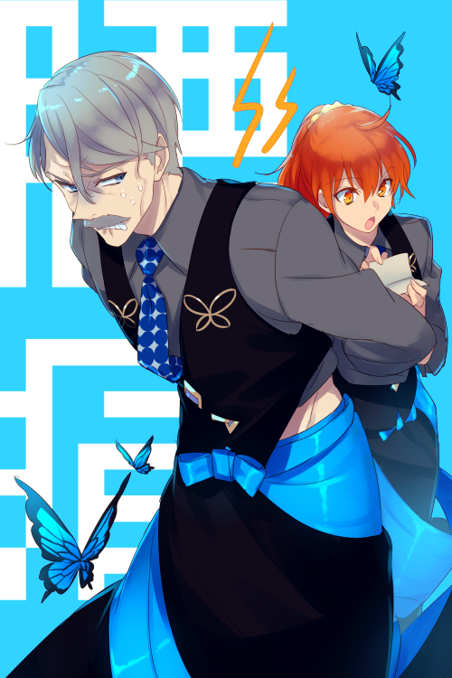 1boy 1girl ahoge black_pants black_vest blue_butterfly blue_eyes breasts bug butterfly clenched_teeth collared_shirt echo_(circa) facial_hair fate/grand_order fate_(series) fujimaru_ritsuka_(female) grey_hair grey_shirt hunched_over insect james_moriarty_(archer)_(fate) james_moriarty_(gray_collar)_(fate) long_sleeves medium_breasts mustache necktie old old_man open_mouth orange_eyes orange_hair pants ponytail sash shirt short_hair short_ponytail teeth vest