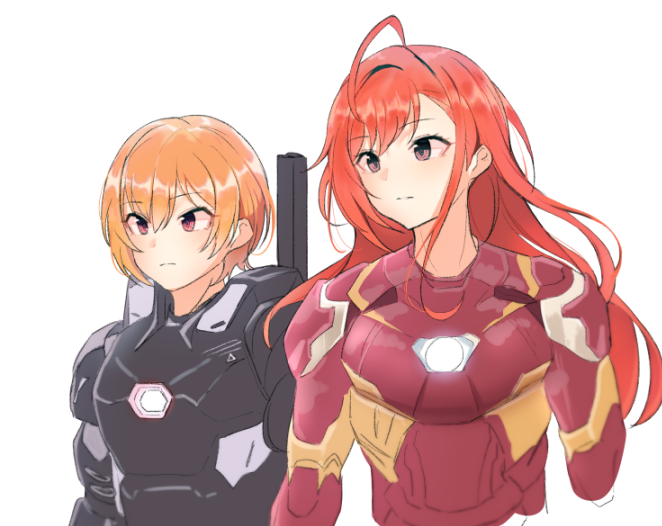 2girls ahoge alternate_costume arisugawa_natsuha armor bad_id bad_pixiv_id cosplay cropped_arms expressionless idolmaster idolmaster_shiny_colors iron_man iron_man_(cosplay) iron_man_(series) looking_away looking_to_the_side marvel multiple_girls no_headwear orange_hair phobishu power_armor red_hair saijo_juri simple_background upper_body war_machine war_machine_(cosplay) white_background