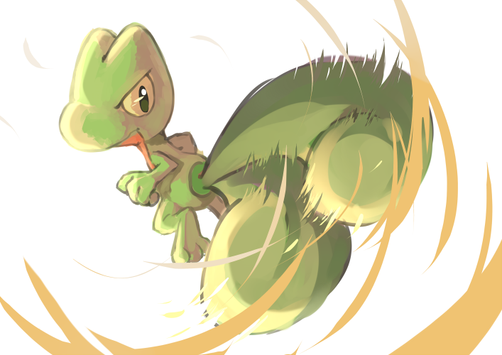 attack from_behind gen_3_pokemon looking_back motion_lines nintendo no_humans pokemon pokemon_(creature) simple_background tail tail_whip transistor treecko white_background