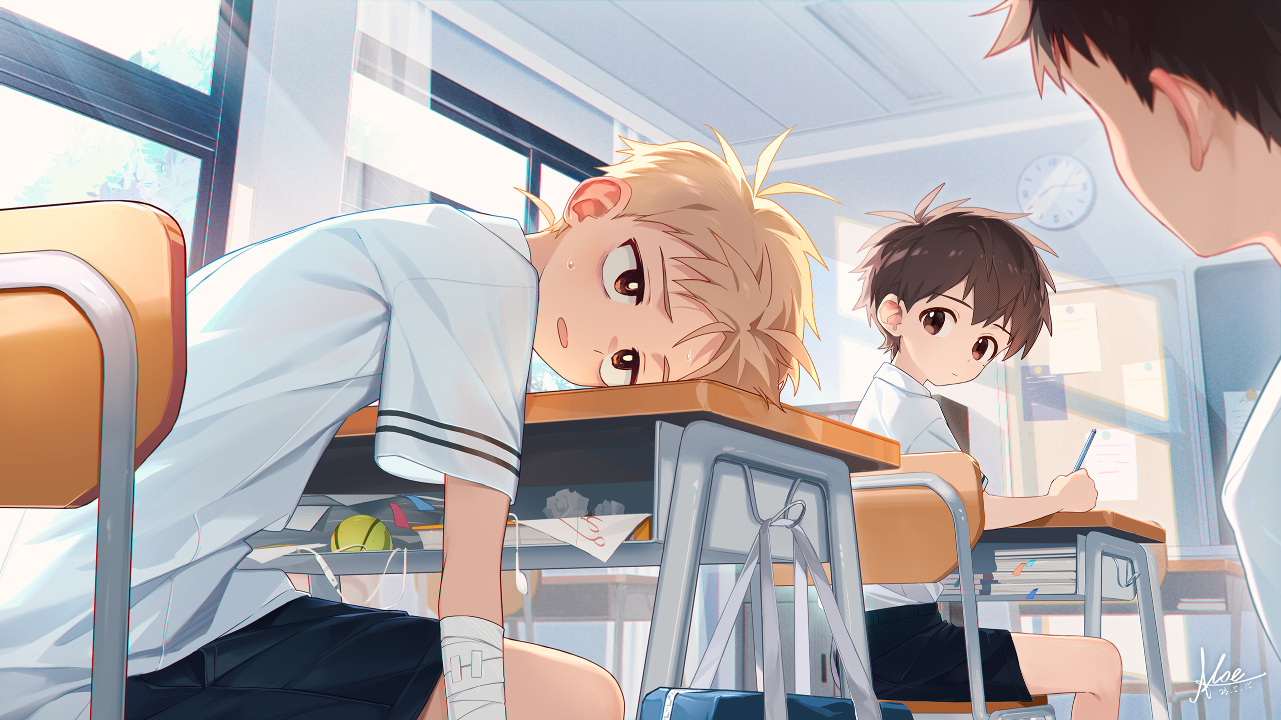 3boys bag ball bandaged_arm bandages black_shorts blonde_hair book brown_eyes brown_hair chair classroom clock closed_mouth crumpled_paper desk earphones earphones_removed highres indoors koe_(mixpi) multiple_boys original paper school_bag school_chair school_desk shirt shorts sitting spiked_hair sweat tennis_ball white_shirt window