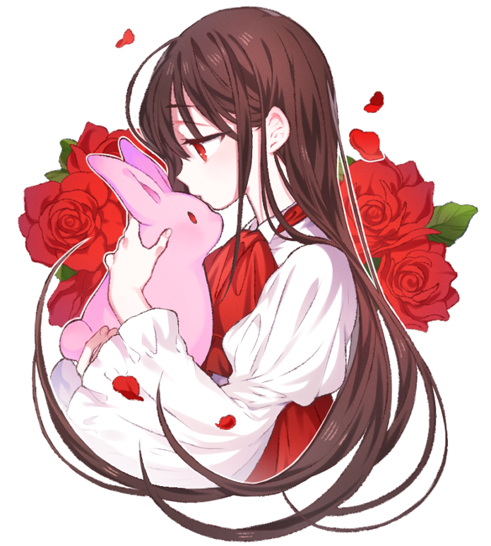 1girl animal animal_hug bow bowtie brown_hair collared_shirt commentary cropped_legs eyelashes flower high-waist_skirt ib_(ib) ib_(kouri) juliet_sleeves kiss kissing_animal leaf light_blush long_hair long_sleeves outline parted_lips petals puffy_sleeves rabbit red_bow red_bowtie red_eyes red_flower red_rose red_skirt rose rose_petals saeangnim shirt simple_background skirt solo straight_hair very_long_hair white_background white_outline white_shirt wide_sleeves