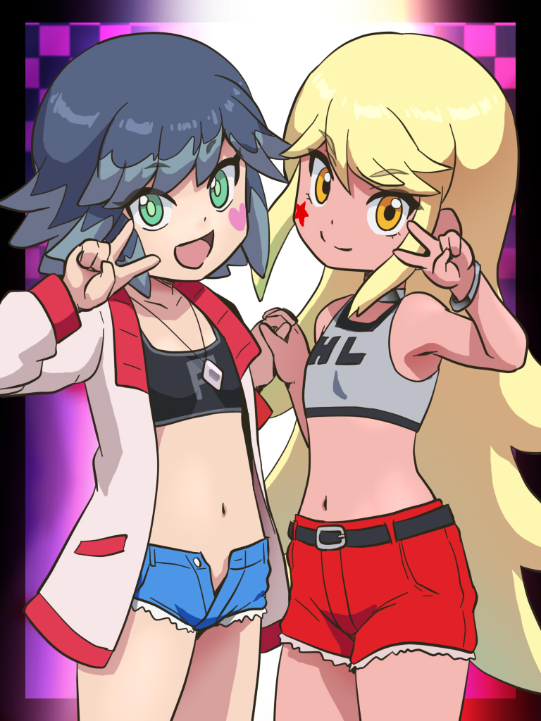 2girls alternate_costume awa belt black_hair blonde_hair choker closed_mouth collarbone daiouji_ema green_eyes himekawa_fubuki holding_hands jewelry long_hair looking_at_viewer multiple_girls navel necklace open_fly open_mouth short_hair short_shorts shorts smile sports_bra v yellow_eyes youkai_watch youkai_watch_jam:_youkai_gakuen_y