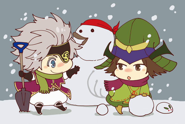 2boys armor black_footwear black_gloves blue_eyes boots brown_eyes brown_footwear brown_gloves brown_hair chibi chibi_only chousokabe_motochika_(sengoku_basara) diamond_mouth elbow_gloves eye_contact eyepatch gloves green_scarf grey_hair helmet holding holding_shovel japanese_armor kabuto_(helmet) looking_at_another male_focus mouri_motonari_(sengoku_basara) multiple_boys official_alternate_costume purple_scarf scarf sengoku_basara short_hair shovel smile snow snowing snowman wide_sleeves winter yona_(waiko)