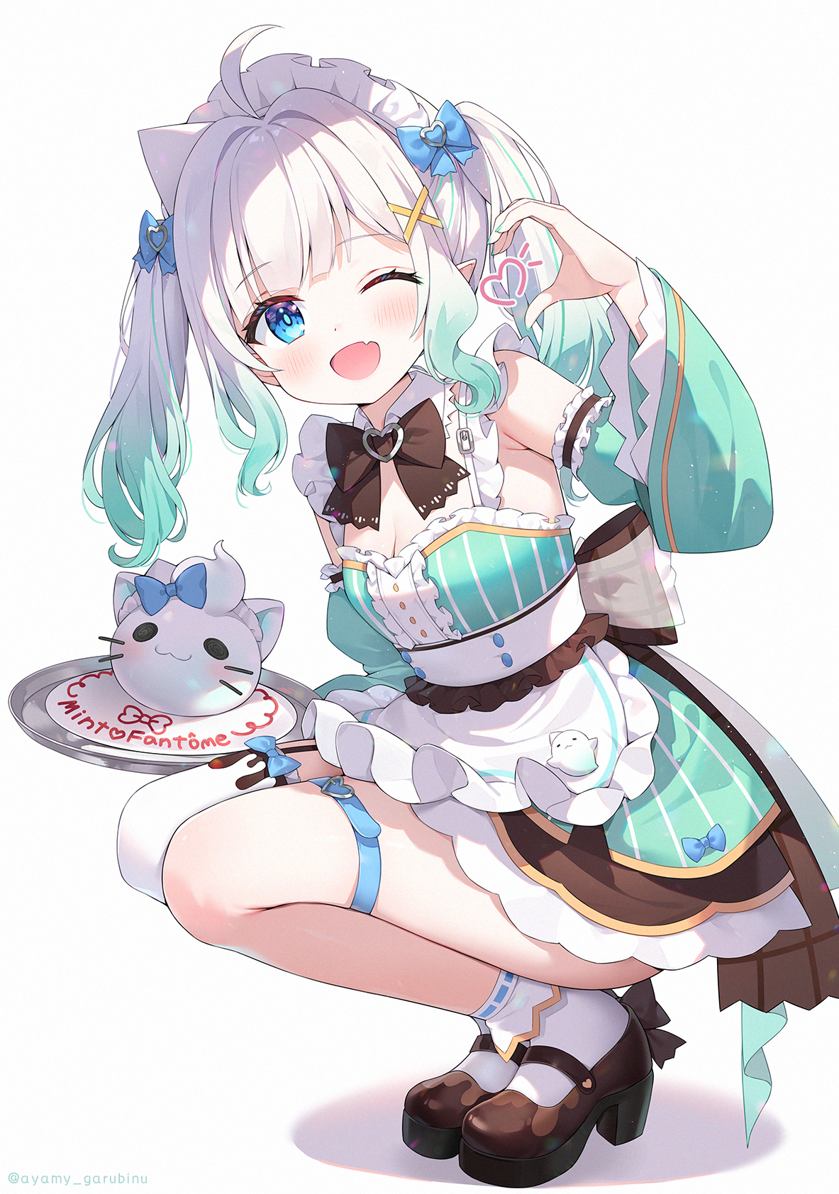 1girl ;d ahoge apron aqua_hair asymmetrical_legwear ayamy black_bow black_garter_straps black_shoes black_skirt blue_eyes bobby_socks bow breasts center_frills cleavage detached_sleeves dress fang frilled_dress frills full_body garter_straps gradient_hair green_dress green_hair hair_ornament hairclip half-heart_hands hand_up highres holding holding_tray indie_virtual_youtuber large_bow long_hair long_sleeves looking_at_viewer maid maid_headdress mary_janes miniskirt mint_fantome mint_fantome_(minto_2.0) multicolored_hair one_eye_closed open_mouth pointy_ears shoes short_hair simple_background single_thighhigh skin_fang skirt skirt_under_dress sleeveless sleeveless_dress smile socks solo squatting striped_clothes striped_dress thighhighs tray triangular_headpiece two_side_up uneven_legwear vertical-striped_clothes vertical-striped_dress virtual_youtuber waist_apron white_apron white_background white_hair white_socks white_thighhighs wisps_(mint_fantome) x_hair_ornament
