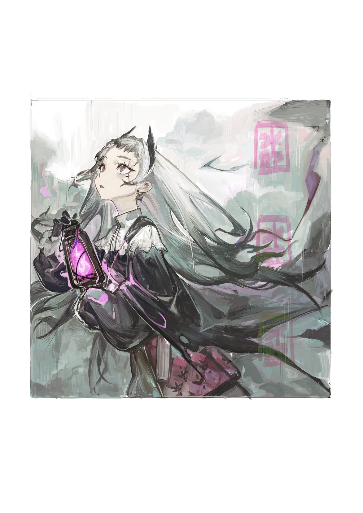 1girl arknights black_dress black_gloves border commentary_request dress earrings gloves grey_background grey_eyes grey_hair gun handgun head_wings highres holding holding_lantern holstered irene_(arknights) jewelry lantern long_hair long_sleeves looking_up multicolored_dress pink_dress pipidan red_pupils scar scar_across_eye scar_on_face solo weapon white_border white_dress wings