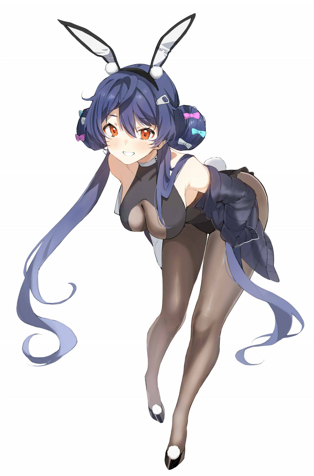 1girl allen_m._sumner_(azur_lane) allen_m._sumner_(charming_rabbit)_(azur_lane) animal_ears azur_lane bare_shoulders black_leotard black_pantyhose blush breasts cleavage collarbone fake_animal_ears hair_between_eyes hair_ornament hairclip highres large_breasts leaning_forward leotard long_sleeves looking_at_viewer misato_pic official_alternate_costume pantyhose playboy_bunny purple_hair red_eyes see-through_clothes see-through_cleavage simple_background sleeves_past_fingers sleeves_past_wrists solo twintails white_background