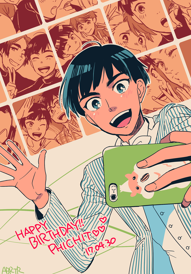 1boy 2017 :d black_hair cellphone christophe_giacometti dated facial_hair glasses grey_eyes grin happy_birthday ji_guang-hong katsuki_yuuri leo_de_la_iglesia male_focus minami_kenjirou one_eye_closed open_mouth phichit_chulanont phone selfie smartphone smile v yukataro yuri!!!_on_ice