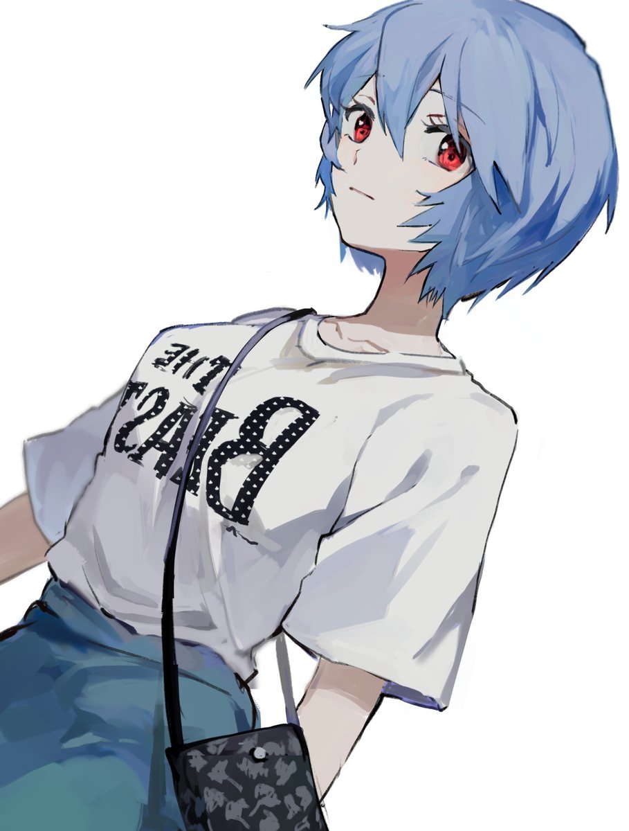 1girl alternate_costume ayanami_rei backwards_text bag blue_hair breasts closed_mouth commentary dango_(uni_520) expressionless hair_between_eyes handbag highres looking_at_viewer medium_breasts neon_genesis_evangelion red_eyes short_hair simple_background small_breasts solo the_beatles