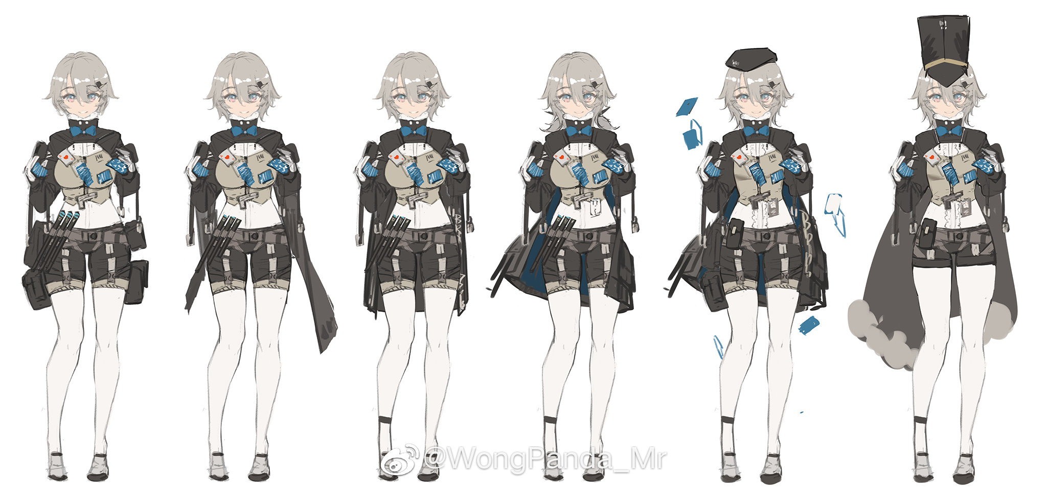 1girl bad_id bad_weibo_id bahao_diqiu boots concept_art full_body girls&#039;_frontline grey_hair hat highres kolibri_(girls&#039;_frontline) looking_at_viewer pantyhose short_hair short_shorts shorts simple_background solo watermark weibo_watermark white_background white_pantyhose