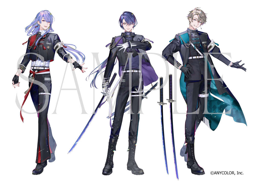 3boys aiguillette alternate_costume aqua_coat arm_at_side belt belt_buckle black_boots black_coat black_gloves black_jacket black_nails black_pants black_shoes blue_eyes boots buckle closed_mouth coat copyright_notice cropped_jacket curtained_hair dress_shirt earrings fingerless_gloves genzuki_toujirou gloves grey_hair grin hair_between_eyes hand_on_own_chest hand_on_own_hip holding holding_sword holding_weapon ishizue_kachiru jacket jewelry kaida_haru katana lace-up_boots long_hair long_sleeves looking_at_viewer low_ponytail male_focus multiple_boys multiple_swords nagao_kei nail_polish nijisanji official_art open_clothes open_coat open_jacket outstretched_arm pankou pants parted_lips ponytail purple_eyes purple_hair purple_jacket purple_shirt red_sash sam_browne_belt sample_watermark sash sheath sheathed shirt shoes short_hair simple_background sleeve_cuffs smile swept_bangs sword tassel tassel_earrings thigh_strap three-quarter_sleeves two-sided_coat two-sided_fabric two-sided_jacket valz virtual_youtuber watermark weapon white_background white_belt white_gloves white_shirt