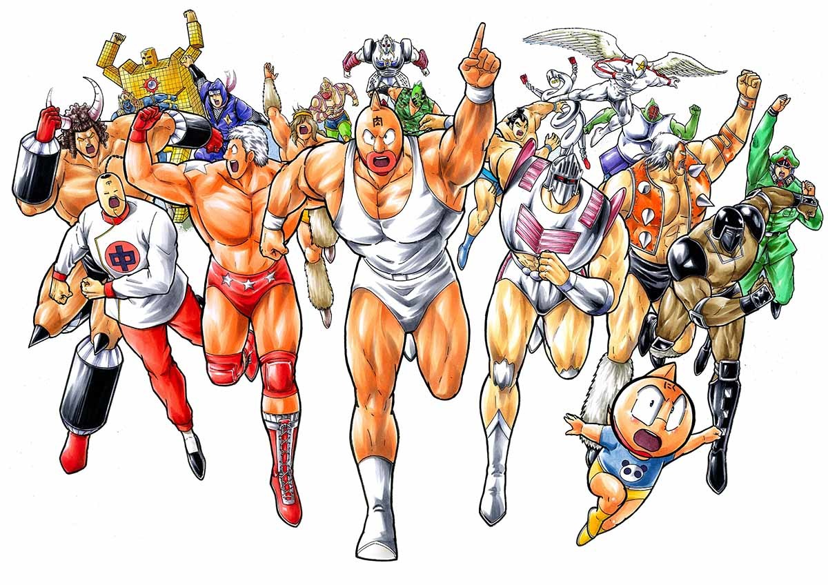 1980s_(style) 6+boys abs alexandria_meat angel_wings ashuraman biceps big_the_budo blonde_hair brocken_jr. buffaloman chinese_clothes clenched_hands dated fighting_stance geronimo_(kinnikuman) helmet index_finger_raised jumping kinniku_suguru kinnikuman kinnikuman_(character) kinnikuman_soldier kinnikuman_super_phoenix large_pectorals logo looking_at_viewer manly military military_uniform monster_boy multiple_boys muscular neptuneman oldschool pectorals pentagon_(character) ramenman red_eyes retro_artstyle rikishiman robin_mask running serious short_hair shoulder_tattoo signature smile springman_(kinnikuman) star_(symbol) tattoo terryman the_ninja_(kinnikuman) title warsman wings wrestling wrestling_outfit wristband yudetamago