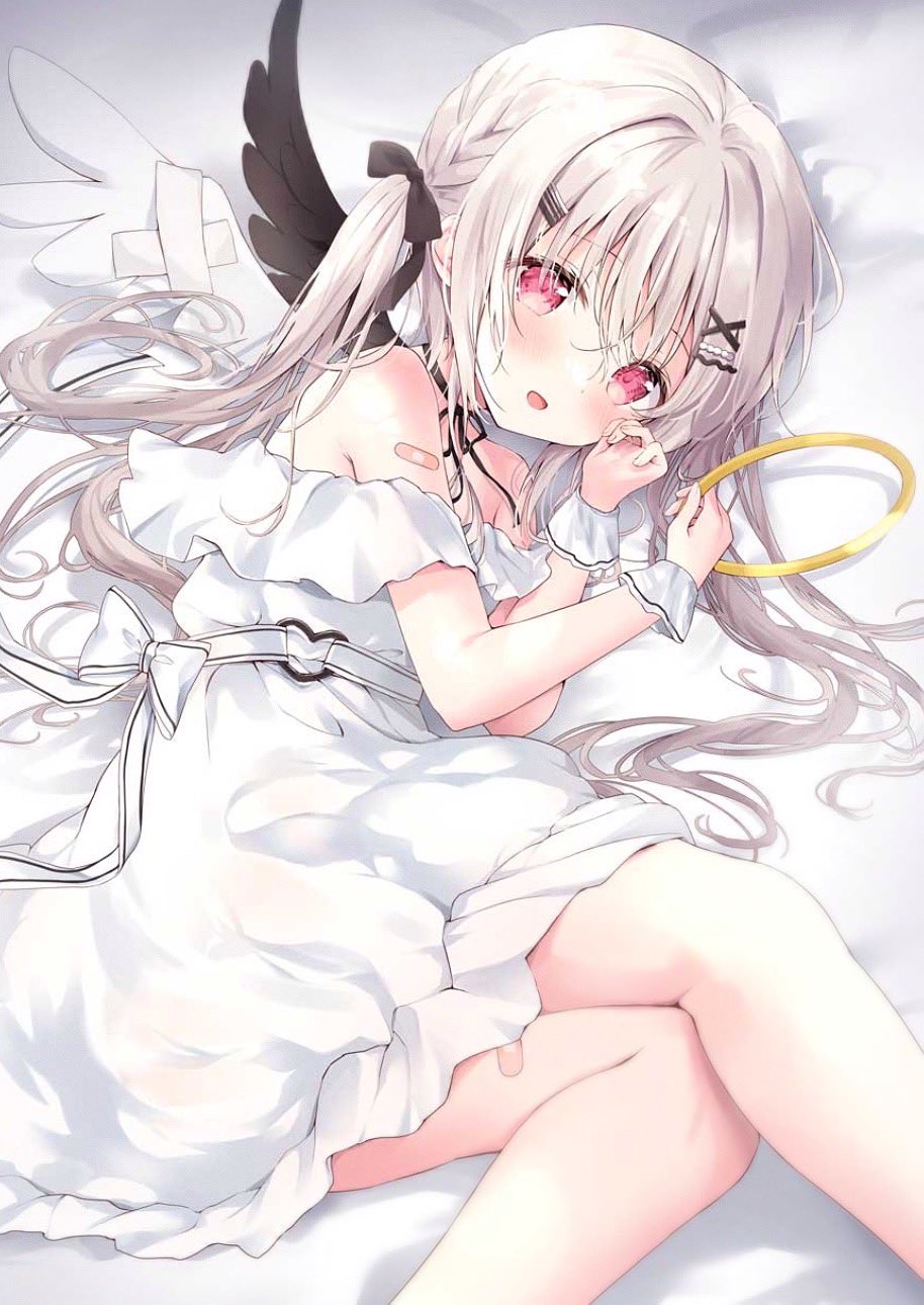 1girl :d amedamacon asymmetrical_wings bandaid bandaid_on_leg bed_sheet black_choker black_wings choker commentary_request crossed_bandaids dress feathered_wings feet_out_of_frame frilled_dress frills grey_hair hair_between_eyes hair_ornament hairclip halo halo_removed hand_up highres knees_together_feet_apart long_hair low_twintails lying mismatched_wings on_side open_mouth original purple_eyes smile solo twintails very_long_hair white_dress white_wings wings wrist_cuffs x_hair_ornament
