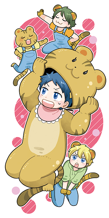 3boys animal_costume animal_print blonde_hair blue_eyes blue_hair comic_toranoana cosplay costume_switch closed_eyes green_hair male_focus mashuu_masaki multiple_boys official_art overalls short_hair sweatdrop tiger tiger_costume tiger_print tora_no_mori_no_nakama-tachi toraharu_(toranoana) toraharu_(toranoana)_(cosplay) torakichi_(toranoana) torakichi_(toranoana)_(cosplay) toranoana torasaburou_masamune torasaburou_masamune_(cosplay) torata_(toranoana) torata_(toranoana)_(cosplay)
