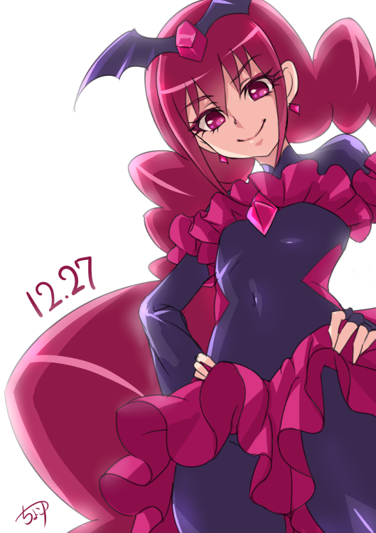 10s 1girl backlighting bad_end_happy bad_end_precure black_bodysuit bodysuit breasts chocokin covered_navel cowboy_shot dated drill_hair earrings eyeshadow female_focus fingerless_gloves frills from_below gem gloves hair_between_eyes hands_on_own_hips jewelry light_smile long_hair looking_at_viewer makeup pink_eyes pink_hair pink_skirt precure purple_eyes purple_hair purple_skirt sidelocks signature simple_background skirt small_breasts smile smile_precure! solo tiara turtleneck twin_drills twintails very_long_hair white_background