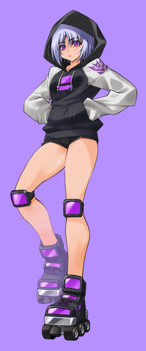 1girl black_hoodie black_shorts blue_hair decepticon hand_in_pocket highres hood hoodie humanization kageyama_shinobi knee_pads motormaster parted_bangs purple_background purple_eyes roller_skates short_shorts shorts skates solo transformers