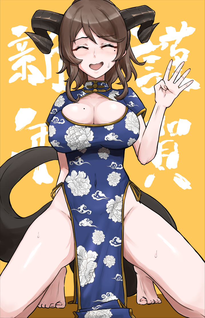 1girl barefoot black_horns black_tail blue_dress breasts brown_hair china_dress chinese_clothes chinese_zodiac cleavage cleavage_cutout closed_eyes clothing_cutout commentary_request curled_horns dragon_girl dragon_horns dragon_tail dress facing_viewer horns kneeling large_breasts medium_hair mole mole_on_breast mole_under_eye nervous_smile new_year niceratus_kiotensis open_mouth orange_background original pelvic_curtain short_sleeves smile solo squatting sweatdrop tail year_of_the_dragon