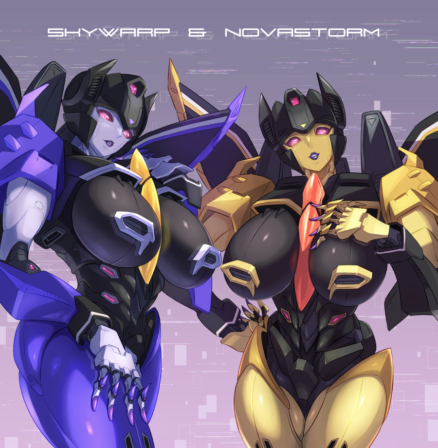 2girls breasts colored_skin ema_(emaura) fingernails humanoid_robot large_breasts mechanical_wings multiple_girls novastorm_(earthspark) purple_lips purple_nails red_eyes robot robot_girl sharp_fingernails skywarp skywarp_(earthspark) thighs transformers transformers:_earthspark wings