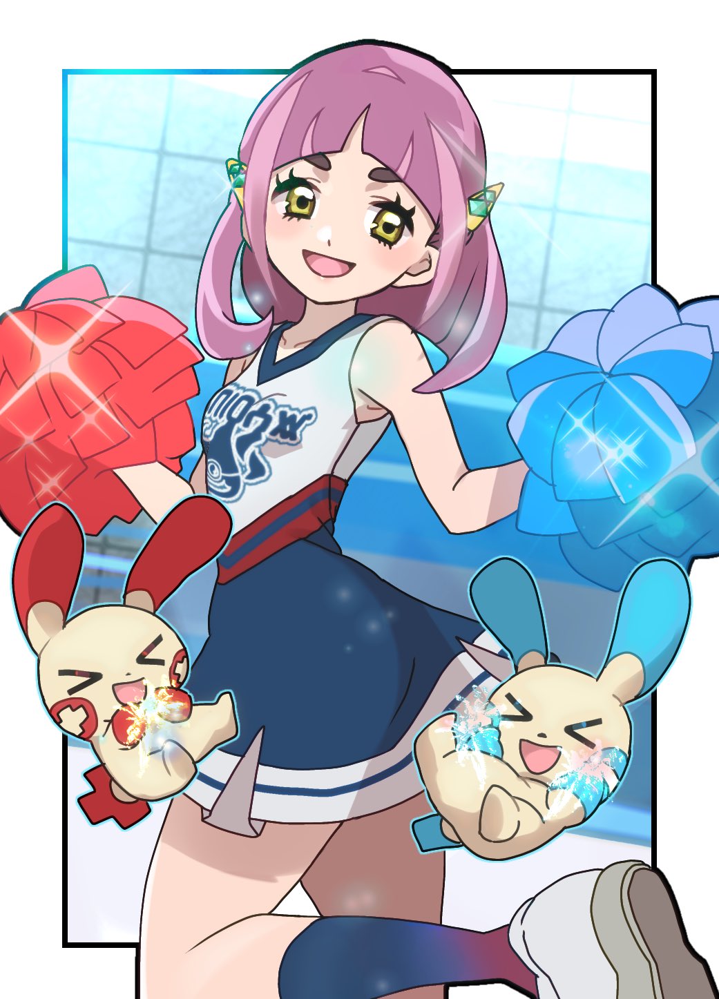 &gt;_&lt; 1girl bare_shoulders blue_pom_poms blue_skirt blue_socks cheerleader detached_sleeves dress fu_(tk1189227dhy) gen_3_pokemon hair_ornament happy highres lacey_(pokemon) looking_at_viewer minun nintendo open_mouth pink_hair plusle pokemon pokemon_(creature) pokemon_sv pom_pom_(cheerleading) red_pom_poms shoes short_hair skirt socks sparkle thick_eyebrows white_footwear yellow_eyes