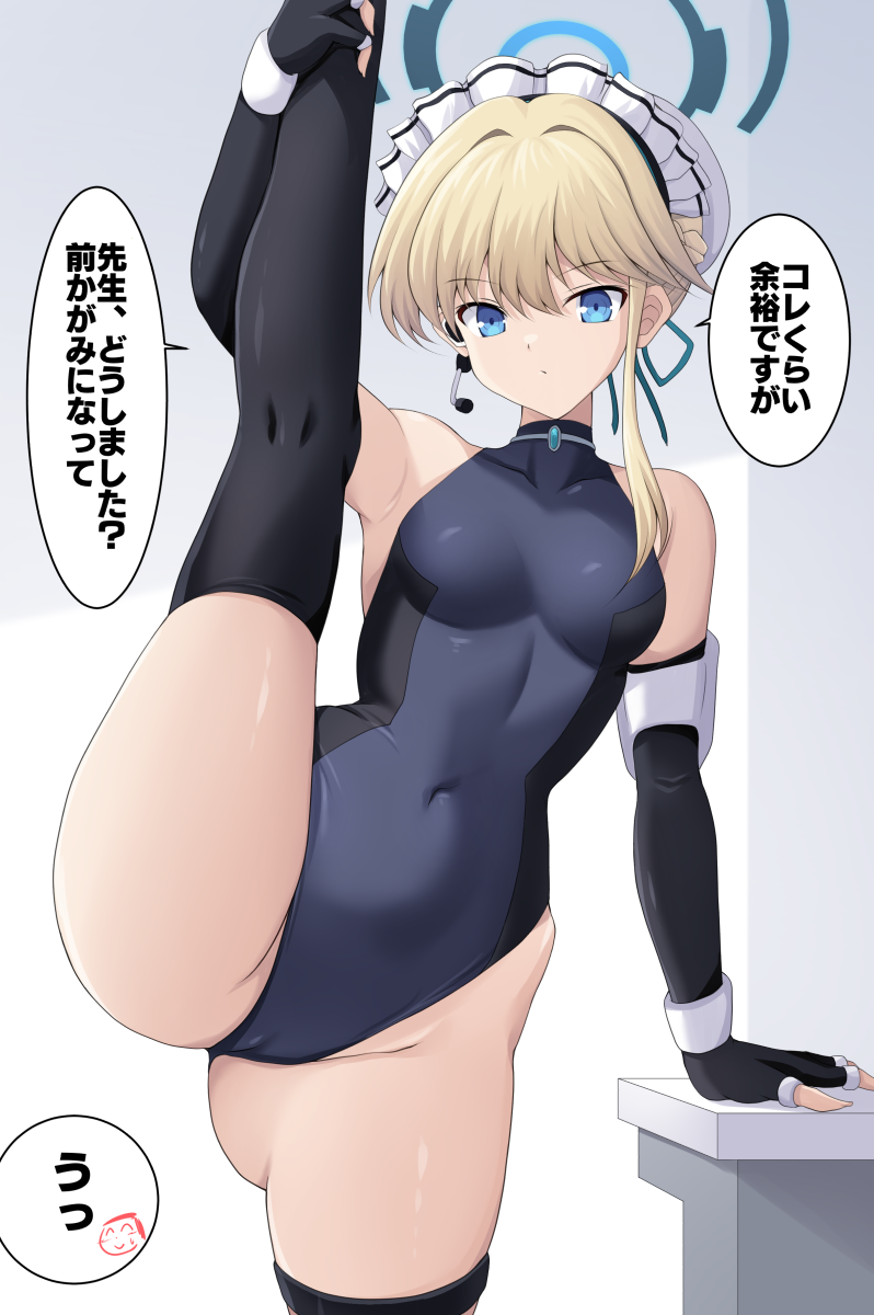 1girl arm_support athletic_leotard black_gloves black_thighhighs blonde_hair blue_archive blue_eyes blue_halo blue_leotard breasts closed_mouth covered_navel cross_(crossryou) doodle_sensei_(blue_archive) fingerless_gloves flexible gloves halo highleg highres leg_up leotard maid_headdress medium_breasts microphone sensei_(blue_archive) short_hair solo speech_bubble split standing standing_on_one_leg standing_split thighhighs thighs toki_(blue_archive) translation_request