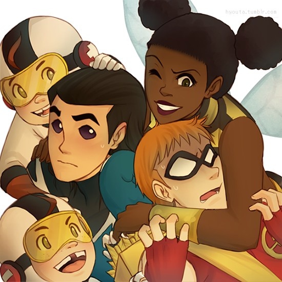 1girl 4boys aqualad archer_(fate) arrow_(projectile) bee_costume black_hair bodysuit bumble_bee cartoon_network dark_skin dc_comics domino_mask double_bun fate_(series) fingerless_gloves garth gloves goggles hair_bun headphones hug hyouta insect_wings karen_beecher marksman mas_(dc) mask menos_(dc) missing_tooth multiple_boys one_eye_closed open_mouth orange_hair quiver roy_harper shirt siblings sleeveless smile solid_eyes speedy striped_clothes striped_shirt surprised teen_titans teeth twins two-tone_stripes vambraces wings wink