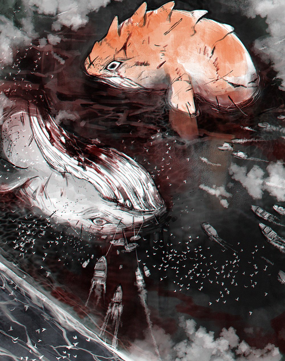 ahab_(project_moon) animal_focus animalization bleeding blood blood_in_water boat chromatic_aberration cloud dead_animal flaw_eight flock from_above harpoon highres ishmael_(project_moon) limbus_company ocean partially_colored partially_submerged project_moon rope scar simple_bird watercraft whale