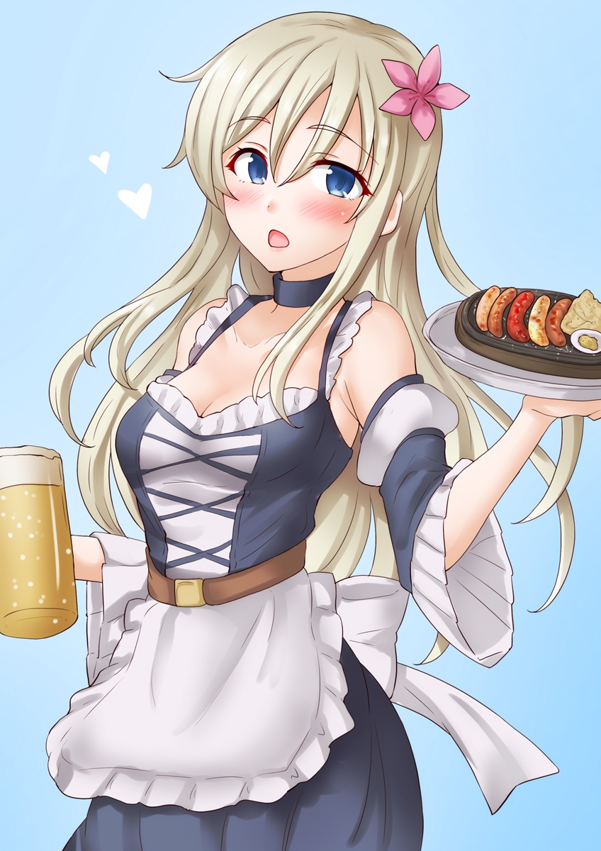 1girl alcohol anti_(untea9) apron barmaid beer beer_mug black_dress blonde_hair blue_background blue_eyes breasts cup detached_sleeves dirndl dress flower food german_clothes gradient_background hair_flower hair_ornament highres holding holding_cup kantai_collection long_hair looking_at_viewer medium_breasts mug oktoberfest open_mouth plate sausage smile solo tan tanline u-511_(kancolle) underbust waist_apron waitress