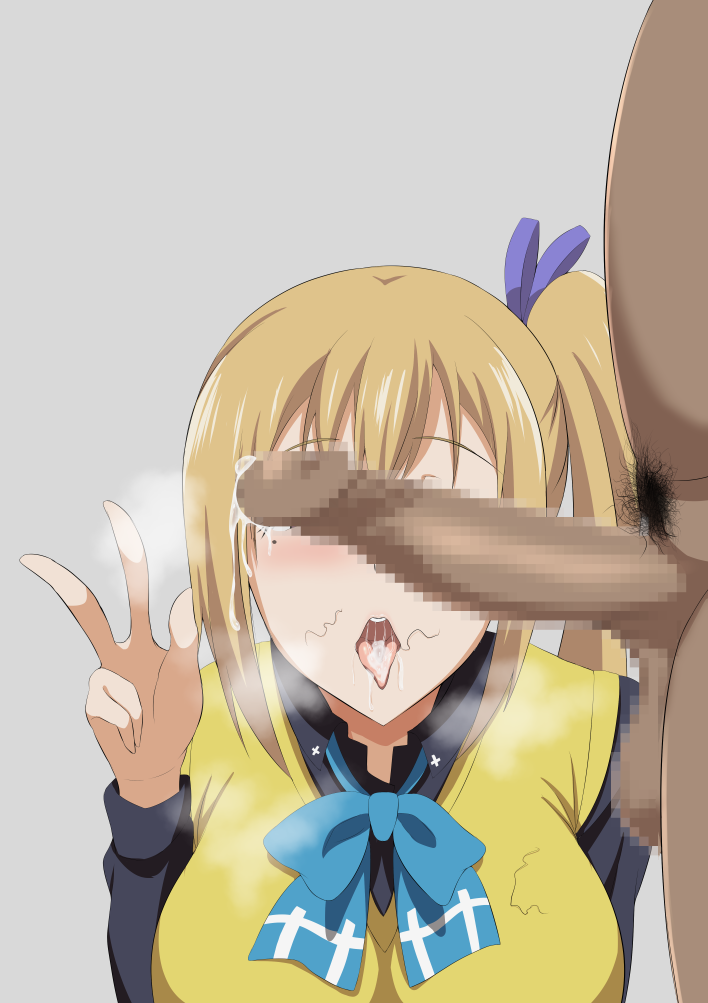 1boy 1girl after_fellatio blue_neckwear blush breasts brown_hair censored clothed_female_nude_male cum cum_in_mouth dark-skinned_male dark_skin grey_background hair_ribbon iita_nori interracial kawakami_mai large_breasts long_hair male_pubic_hair mole mole_under_eye mosaic_censoring musaigen_no_phantom_world nude open_mouth penis penis_on_face penis_over_eyes pubic_hair purple_ribbon ribbon school_uniform side_ponytail simple_background solo_focus stray_pubic_hair sweater_vest testicles tongue tongue_out v yellow_sweater_vest