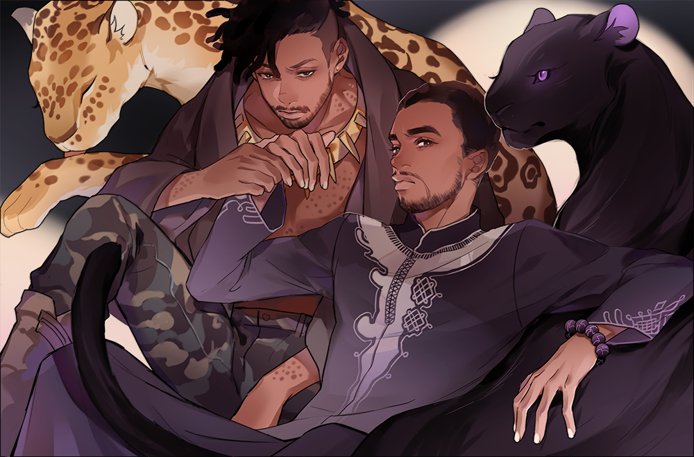 2boys animal animal_ears animal_nose bead_bracelet beads belt black_hair black_panther black_panther_(movie) black_robe black_shirt boots bracelet brown_belt brown_eyes brown_footwear camouflage chinese_commentary closed_mouth collarbone commentary_request dark-skinned_male dark_skin facial_hair fingernails gold_necklace green_pants hand_up jewelry killmonger kottie leopard leopard_ears leopard_tail long_sleeves looking_at_viewer male_focus mandarin_collar marvel marvel_cinematic_universe multiple_boys necklace open_clothes open_robe panther panther_ears panther_tail pants purple_pants robe shirt short_hair sitting t&#039;challa tail wide_sleeves
