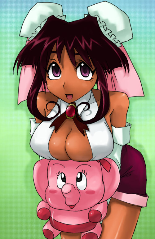 1girl breasts burn-up burn-up_excess center_opening cleavage dark-skinned_female dark_skin detached_collar detached_sleeves elephant halterneck large_breasts medium_breasts nanvel_candlestick purple_eyes ribbon simple_background skj