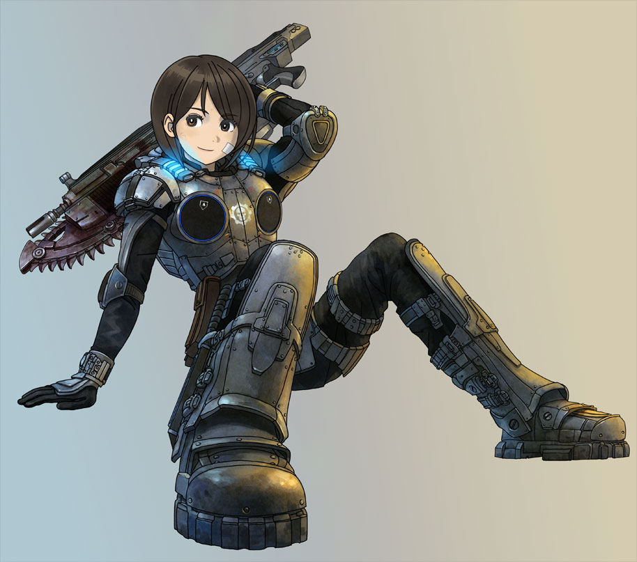 1girl animification arm_up armor blush brown_eyes brown_hair chainsaw female_focus full_body gears_of_war grey_background kiharatotsunori knees_up lancer_(gears_of_war) long_hair short_hair simple_background solo spread_legs weapon
