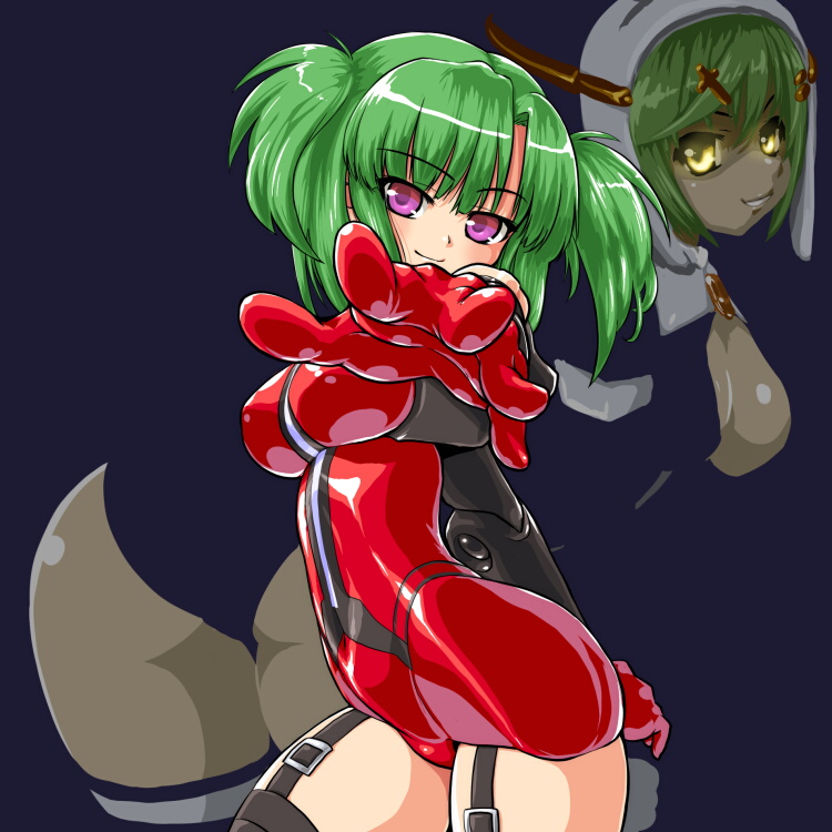10s 2girls arm_behind_back ass bad_id bad_pixiv_id beatmania_iidx bemani bent_over black_thighhighs blunt_bangs blush breasts buckle busou_shinki cleavage cleavage_cutout clothing_cutout cowboy_shot cross cross_hair_ornament dd_(ijigendd) doll_joints foreshortening from_side garter_straps gloves glowing glowing_eyes green_hair habit hair_ornament harmony_grace head_tilt hip_focus hishimiya_tsugaru joints large_breasts latex leotard light_smile looking_at_viewer looking_back multiple_girls nun outstretched_arm parted_bangs purple_eyes red_gloves red_leotard shiny_clothes short_hair short_twintails smile solo_focus thighhighs thighs twintails two_side_up yellow_eyes