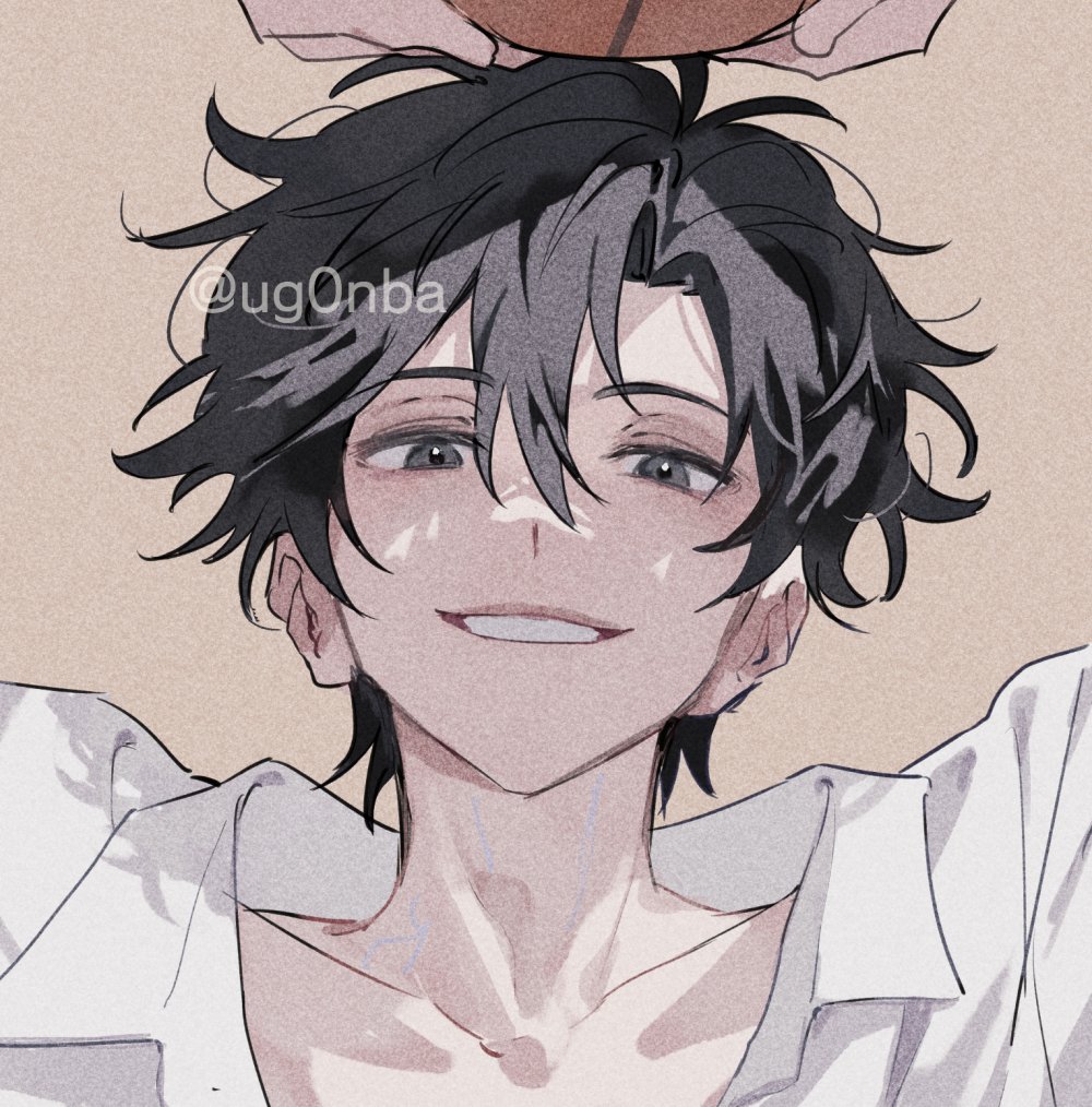 1boy arms_up ball basketball black_eyes black_hair brown_background cheng_xiaoshi collarbone collared_shirt grin hair_between_eyes holding holding_ball looking_at_viewer male_focus messy_hair parted_lips portrait shade shiguang_dailiren shirt short_hair simple_background smile solo teeth twitter_username ugonba_(howatoro) upper_body watermark white_shirt