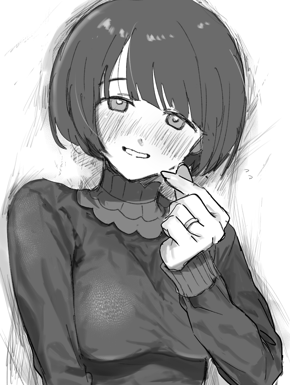 1girl blush bob_cut breasts commentary_request finger_heart geboku0406 greyscale gundam gundam_gquuuuuux highres large_breasts long_sleeves looking_at_viewer monochrome shiiko_sugai shirt short_hair simple_background smile solo turtleneck upper_body white_background