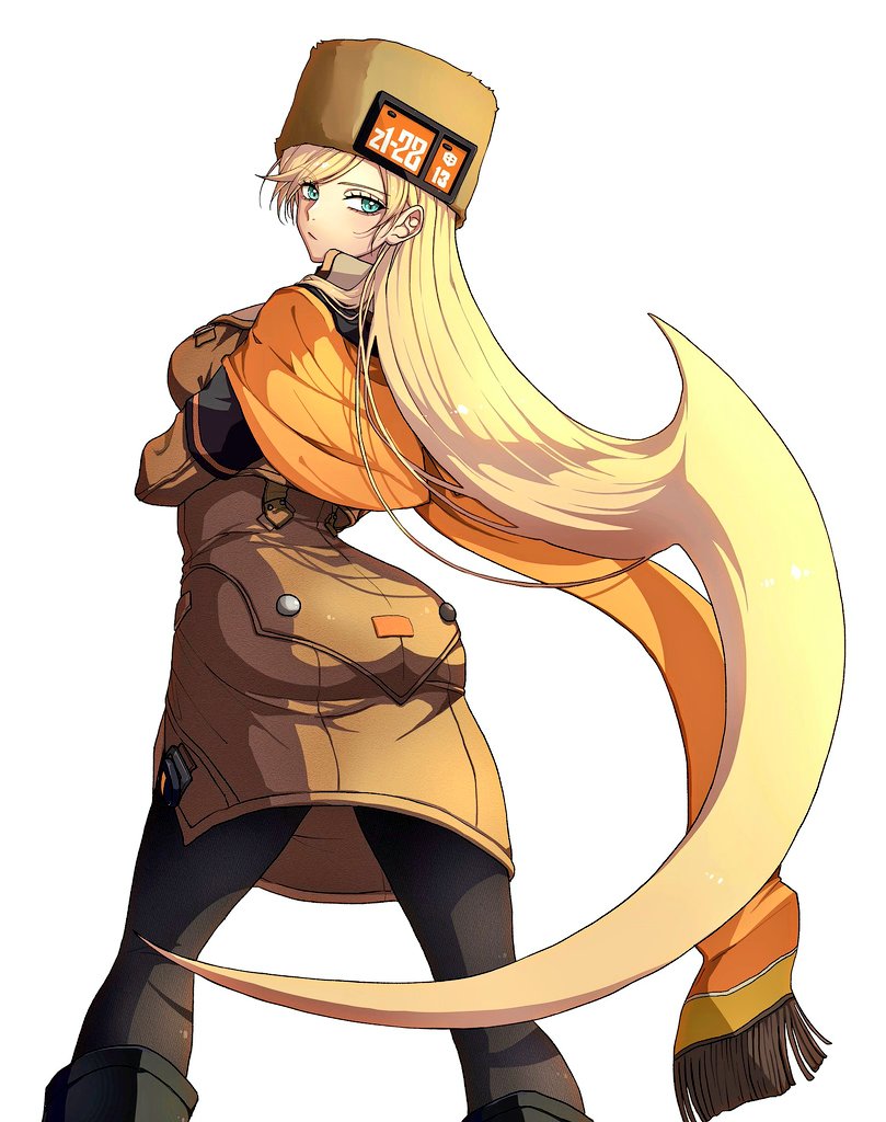 1girl ass ass_focus black_footwear black_pantyhose blonde_hair blue_eyes breasts brown_coat brown_hat coat ebi_pri_shrimp from_behind guilty_gear guilty_gear_strive hair_weapon hat long_hair looking_back millia_rage orange_scarf pantyhose scarf sideboob