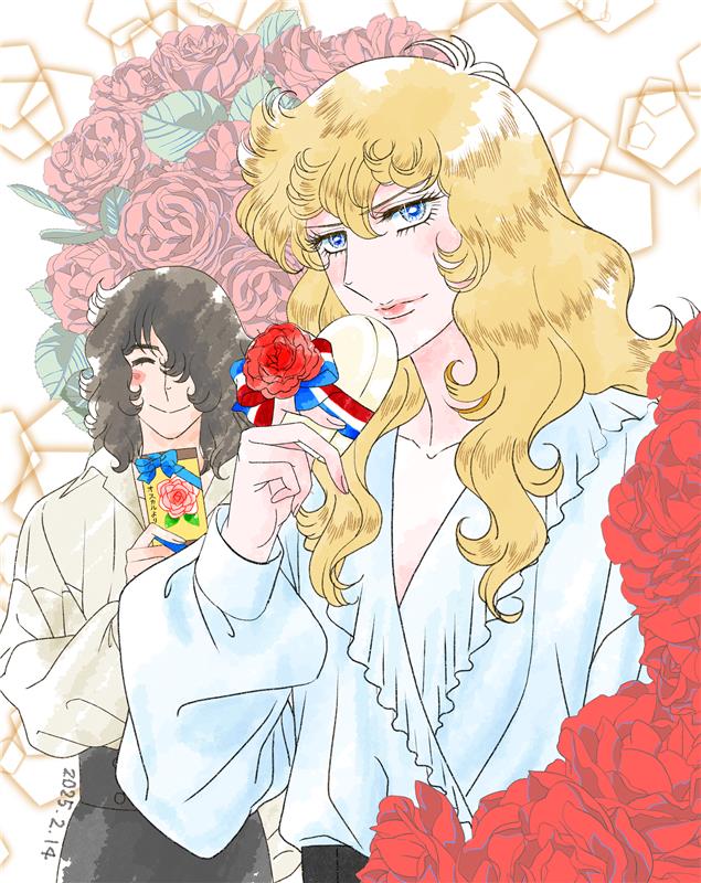 1boy 1girl ^_^ andre_grandier black_hair blonde_hair blush chocolate closed_eyes commentary dated english_commentary eyelashes flower hair_between_eyes long_hair looking_at_viewer mixed-language_commentary oka_mariko oscar_francois_de_jarjayes red_flower red_rose rose shirt smile upper_body versailles_no_bara white_shirt