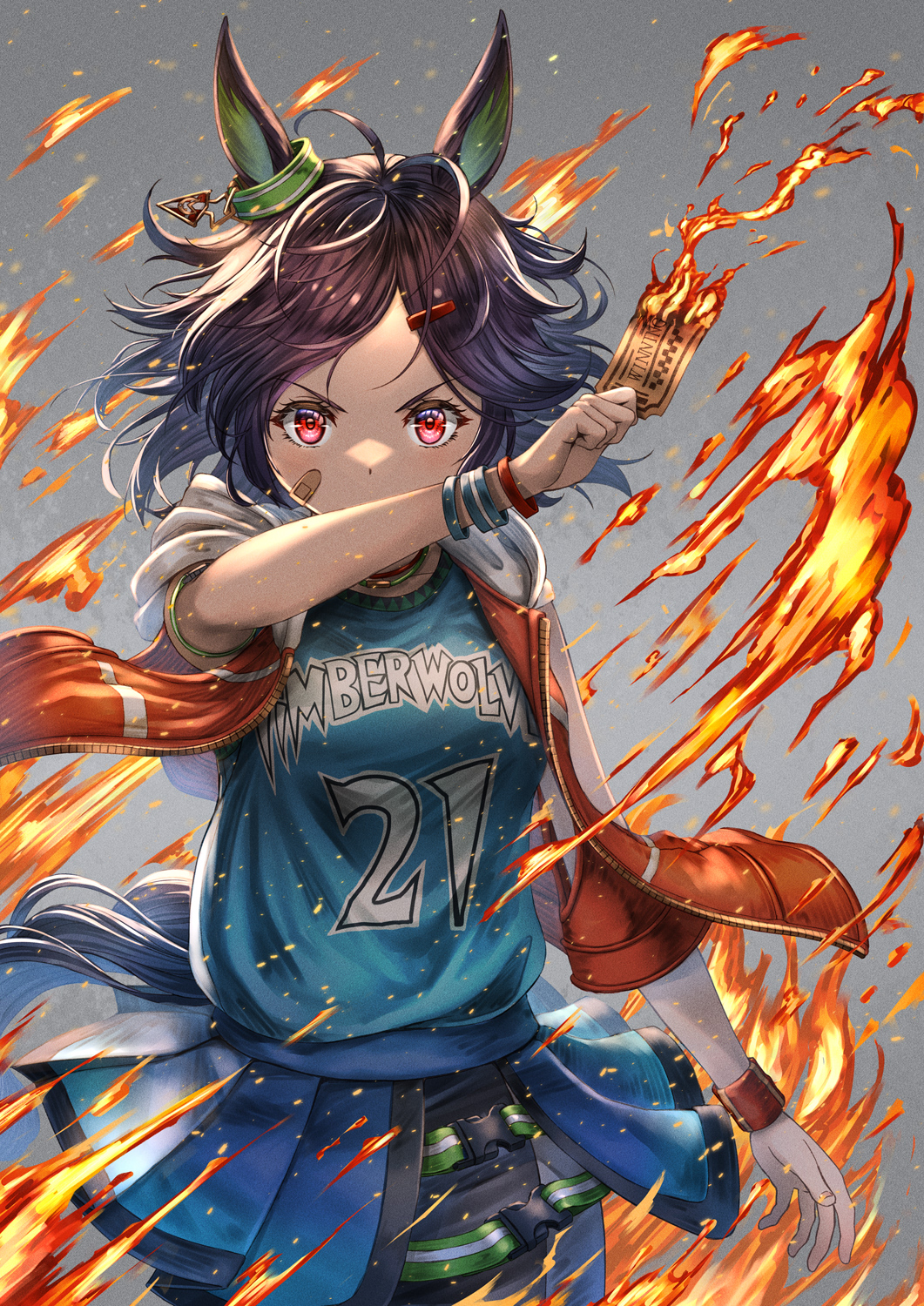 1girl ahoge animal_ears bandaid bandaid_on_cheek bandaid_on_face black_hair blue_shirt blue_skirt clothes_writing commentary_request cowboy_shot fire grey_background highres holding horse_ears jacket miniskirt name_connection open_clothes open_jacket pleated_skirt red_eyes shirt skirt solo standing strapless ticket umamusume v-shaped_eyebrows winning_ticket_(umamusume) wristband yakkuro