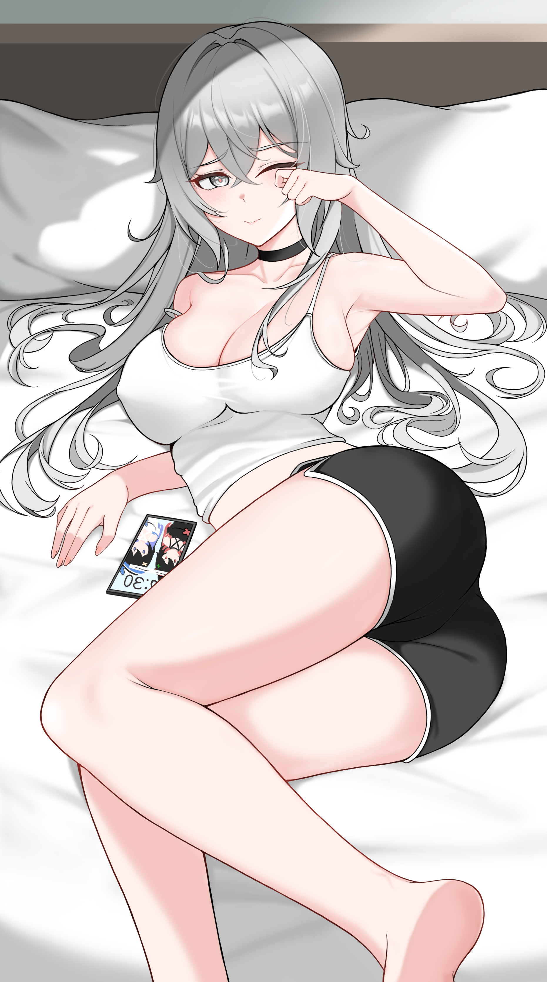 1girl absurdres alternate_costume ass bare_legs bare_shoulders barefoot bed black_choker black_shorts breasts bronya_zaychik bronya_zaychik_(silverwing:_n-ex) cellphone choker closed_mouth collarbone commentary crop_top english_commentary filmxd grey_eyes grey_hair hair_between_eyes hair_spread_out highres honkai_(series) honkai_impact_3rd indoors large_breasts long_hair looking_at_viewer lying on_bed on_side one_eye_closed phone pillow red_pupils rubbing_eyes seele_(alter_ego) seele_vollerei seele_vollerei_(papilio_lily) seele_vollerei_(swallowtail_phantasm) shirt shorts smartphone solo strap_slip white_shirt