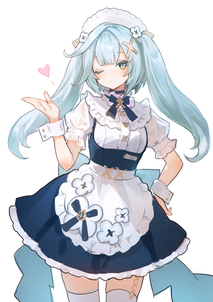 1girl adelie_cat apron aqua_hair blowing_kiss breasts cowboy_shot dress faruzan_(genshin_cafe_in_seoul)_(genshin_impact) faruzan_(genshin_impact) genshin_impact green_eyes hair_ornament hand_on_own_hip hand_up heart long_hair maid maid_headdress official_alternate_costume puffy_short_sleeves puffy_sleeves short_sleeves simple_background solo twintails white_apron white_background white_wrist_cuffs wrist_cuffs x_hair_ornament