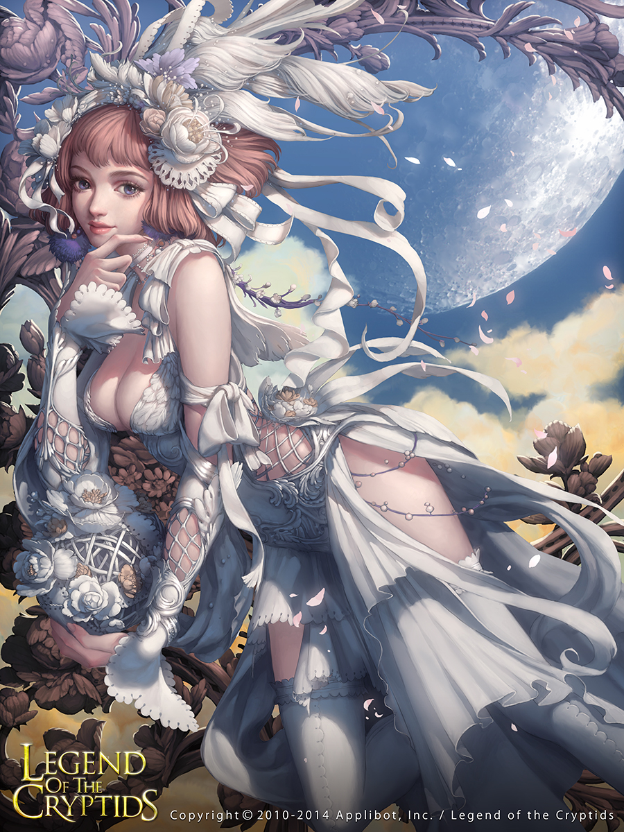 1girl blue_eyes bow breasts brown_hair cglange cleavage copyright_name dated female_focus flower hair_bow hair_flower hair_ornament hair_ribbon hairpiece highres legend_of_the_cryptids moon nathalia pale_skin ribbon solo thighhighs watermark